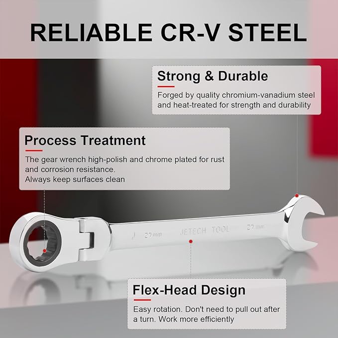 Jetech 27mm Ratchet Wrench Flex Head: Box End Wrench 12Pt| Metric Ratcheting Combination Chrome Vanadium,Forged, Extra Durability