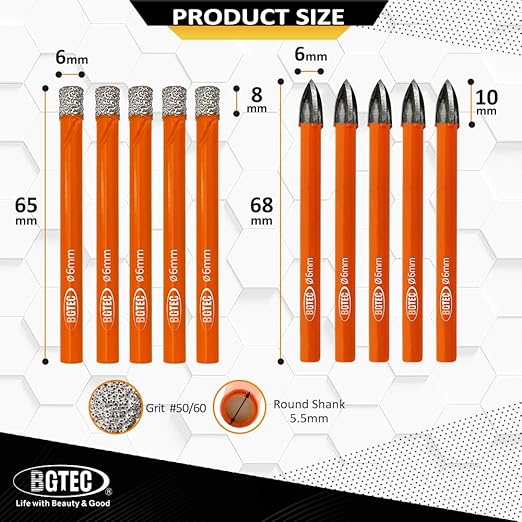 BGTEC Dry Diamond Drill Bits Set - 5pcs 1/4" Tile Drill Bits and 5pcs 1/4" Carbide Drill for Granite Marble Porcelain Ceramic