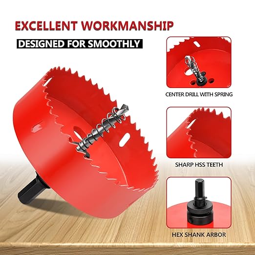 4-1/2"訝?15mm Hole Saws with Heavy Duty Arbor HSS Bi-Metal Hole Cutter Drill Bit for Wood Cornhole Boards Plastic Drywall Metal Fiberboard(Red)