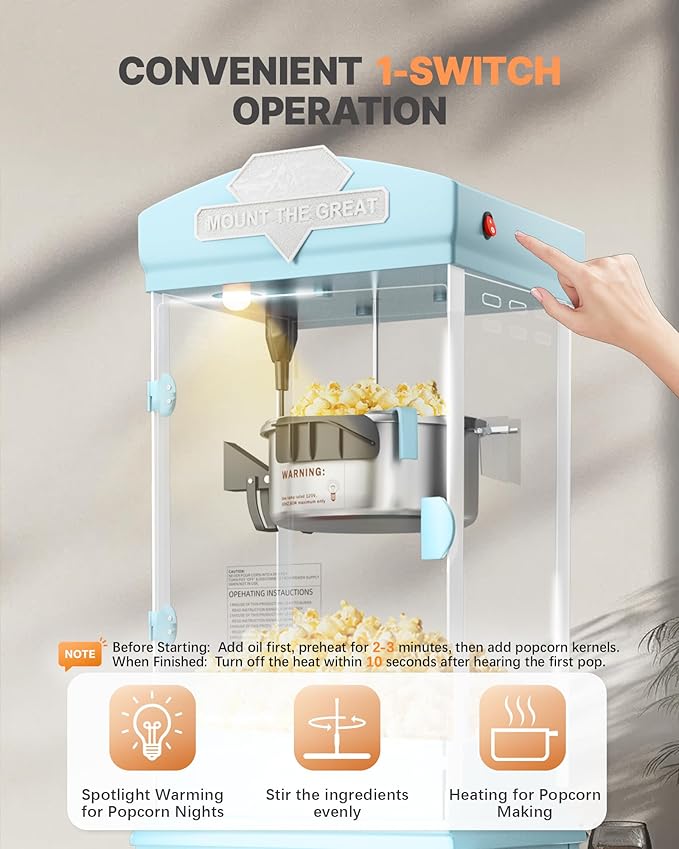 8 Oz Popcorn Machine, Tabletop Popcorn Maker, Countertop Pop Corn Machine Makes Up to 32 Cups, Movie Theater Popcorn Popper Machine with Stainless-Steel Kettle for Home Family, 300 W, Cyan