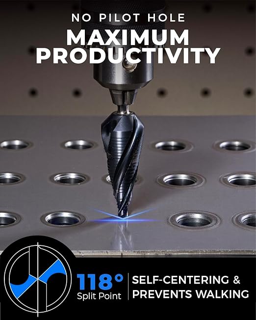 toolant Four Spiral Flute Cobalt Step Drill Bit(Pro), 1/8"-1/2" Impact Ready Unibit Step Drill Bit, 1/4" Hex Shank Unibit for Metal, Stainless Steel, Aluminum, Plastic