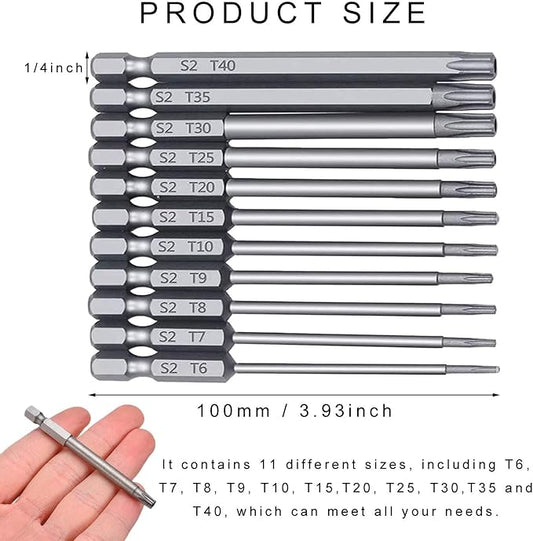 JONMON Torx Screwdriver Bit Sets, 11pcs T6-T40 Magnetic 100mm Security Torx Tamper Proof with 1/4 inch Quick Change Hex Shank Screw Driver Bit Tool