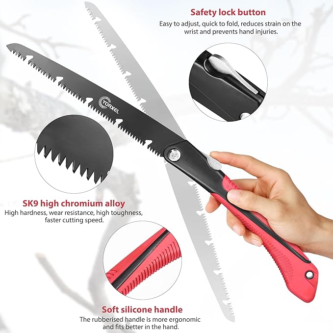 Folding Camping saw 10 inch ??SK9 High-Carbon Steel TEFLON-Coated Rust-Resistant, 2 Locking Positions, Hand Saw for Garden Tree Limbs, Wood Cutting & Outdoor Camping (2 Extra Blades)