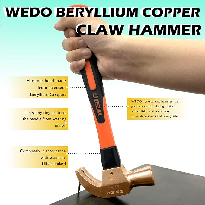 WEDO Non-Sparking Claw Hammer 32oz(2lb), Spark-free Safety Claw Hammer, Beryllium Copper, Non-Magnetic, Die-Forge, Corrosion Resistant, DIN Standard, 375mm Length