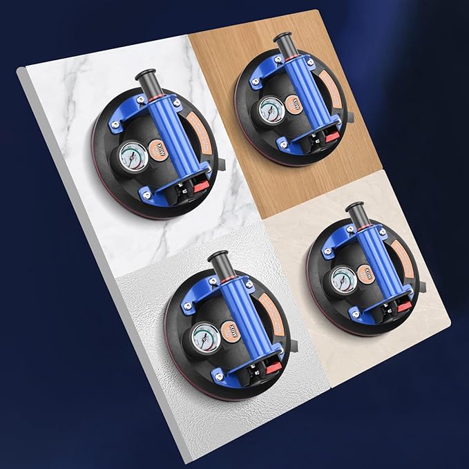 8'' Glass Suction Cups to Lift Large Glass, 2 Pack with Metal Handle, 794 lbs Load Capacity, Vacuum Suction Cup Lifter with Pressure Gauge for Tiles, Windshield