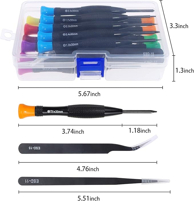 18-Piece Magnetic Screwdriver Set with Flathead, Phillips, Pentalobe, Torx, Star Screwdrivers, Tweezers in Different Sizes and Colors for Repairing Eyeglass, Phone, Watch