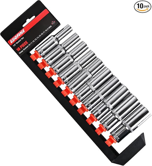 Egofine 10PCS 1/2??Drive Deep Socket Set,Metric Socket Set竊?0mm-21mm,6 Point Socket Set With Hanging Bracket,Cr-V Steel