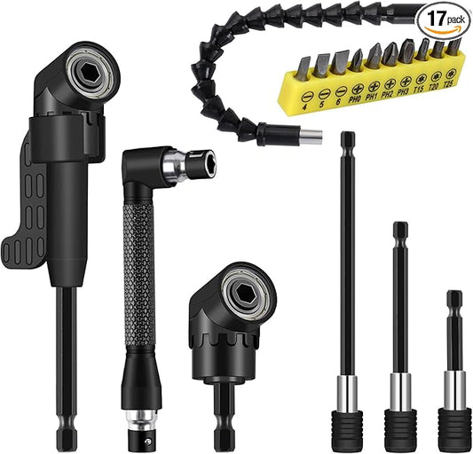 17 Pcs Flexible Drill Bit Extension, Include 2 Pcs Hex Shank 105째 Right Angle Drill Attachment 3Pcs Drill Bit Holder 10 Short Screwdriver Bits 90째 Angled Bits and Bendable Drill Bit Extension