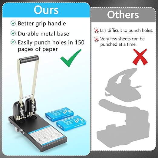 Heavy Duty 2 Hole Punch for Binder:Worklion Metal Power Two Hole Paper Puncher, 150 Sheets Capacity,2 3/4"(70 mm) Hole Distance, with 100PCS Paper Fasteners