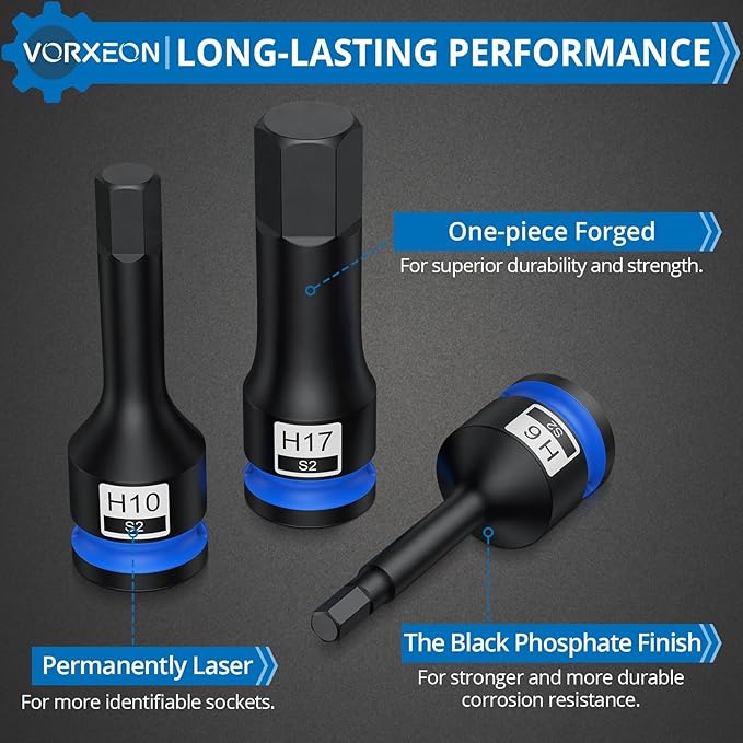 8 Pcs 1/2" Drive Metric Impact Allen Hex Socket Set S2 Alloy Steel One-piece forged With Storage Case 5 mm, 6 mm, 8 mm, 10 mm, 12 mm, 14 mm, 17 mm, 19 mm