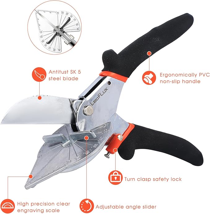 Miter Shears for Wood Trim, Adjustable 45 to 135 Degree Handheld Tool, Multi Angle, Multifunctional Trunking Shears for Moulding, Mitre Cutting, Quarter Round, Includes 2 Blades | LFXP3101S
