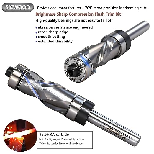 Compression Top and Bottom Bearing Flush Trim Router Bit 1/4 Shank - 1/2" Cutting Dia, Carbide Spiral Up-Down Pattern Template Flush Cut Router Bit, for Wood Trimming