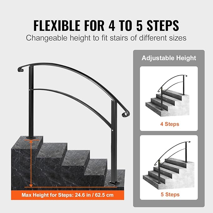 VEVOR Outdoor Steps Handrail, Black Arch#1 Adjustable Metal Staircase Railing for Porch & Deck