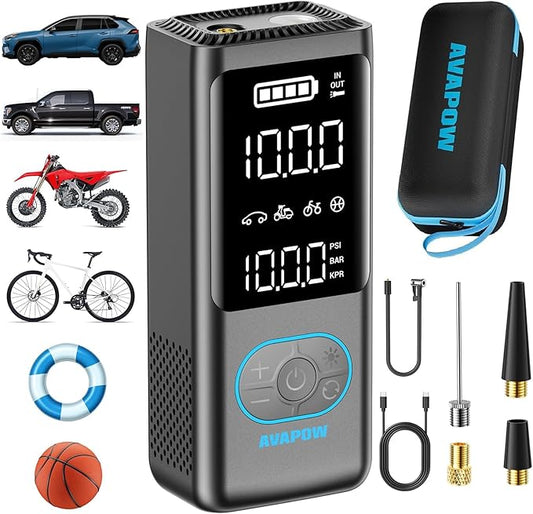 AVAPOW Tire Inflator Portable Air Compressor, 150 PSI Cordless Car Tire Air Pump with Pressure Gauge, 3.7??LCD Screen, Auto-Shuts Off Tire Pump for Car, Motorcycle, Bike, Balls
