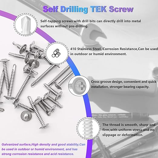 mxuteuk #8 Self Tapping Screws,410 Stainless Steel Self Tapping Screws for Metal,(1/2",5/8",3/4",1",1-1/4") Modified Truss Head Self Drilling Screw Sheet Metal Screw for Metal(115PCS)