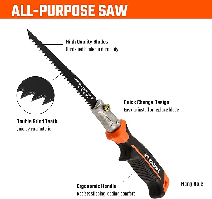 VANQUISH 3 in 1 Multi Blade Hand Saw, 6 inch Hacksaw with Replaceable Drywall Bi-Metal and Wood Blades for Cutting Metel, Drywall, Sheetrock, Wood, Plastic, Plywood 4869