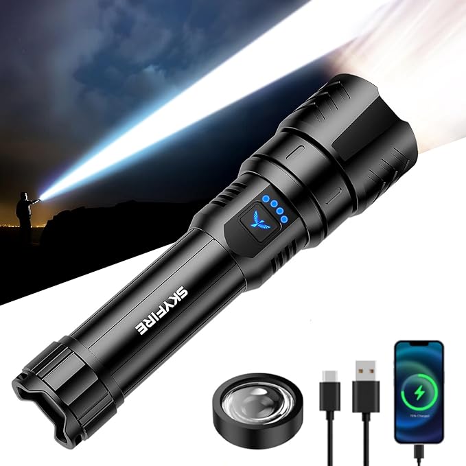 SKYFIRE Rechargeable Flashlights High Lumens with Ignition Lens,5000mAh Super Bright Flashlight Waterproof LED Tactical Flash Light for Camping Essentials Outdoor Home&Gifts