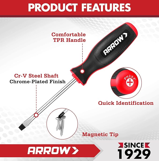 ARROW 11-Piece Magnetic Screwdriver Set, Cr-V Steel Screw driver Set with Magnetizer/Demagnetizer, 2 PCS Precision Screwdriver, Non-Slip Grip, Magnetic Phillips & Flathead Tips, for Home Improvement