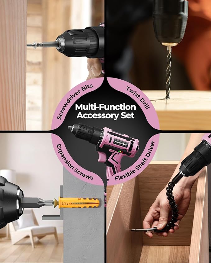 Pink Cordless Drill Set, VIWKO 20V Electric Power Drill for Women, Lightweight Electric Screwdriver Driver with Power Pack & Charger, 3/8" Keyless Chuck, Womens Tool Kit for House