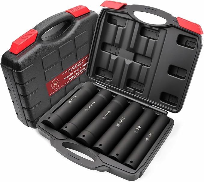 1/2 Inch Drive Extra Deep Long Socket Set, 6PCS Extended Length Impact Socket Set Contains Sizes 3/4", 7/8", 15/16", 1-1/16", 1-1/8", 1-1/4", Specifically Designed for High Torque Applications