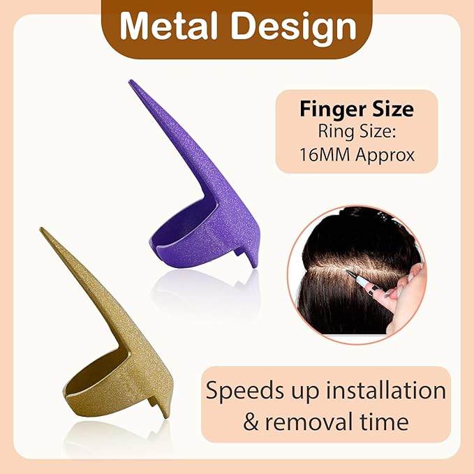 2pcs Quick Hair Braids Parting & Sectioning Rings - Stainless Steel Stitch Braid Tool Finger for Durable Dreadlocks Wig & Installation of Human Hair Extensions Braiding Tools (Purple, Gold)