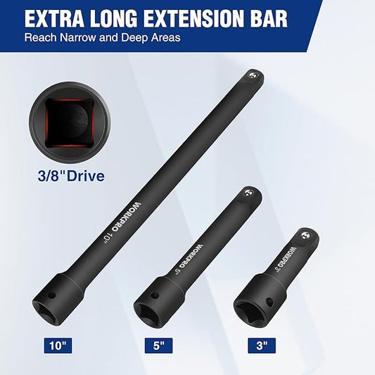 WORKPRO 3/8" Drive Impact Extension Bar Set, 3 PCS Socket Extensions, 3?? 5??and 10??Length, Premium Chrome Vanadium Steel with Black Phosphate Finish