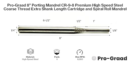 Porting Mandrel 8", CR-9-8 Premium HSS (High Speed Steel) Coarse Thread Extra Shank Length Cartridge & Spiral Roll Mandrel, 1/8" Pilot Diameter x 1" Pilot Length x 1/4" Shank x 8" Length