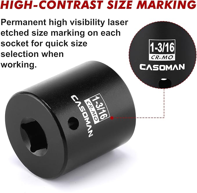 CASOMAN 1/2" Drive x 1-3/16" Impact Socket, 6-Point, SAE, CR-MO