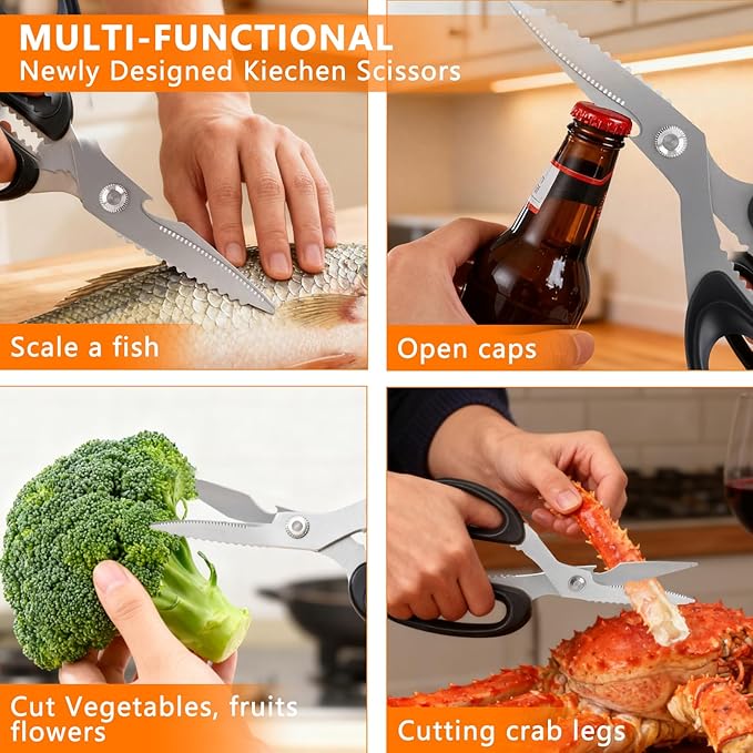 2-Piece Kitchen scissors (1 Heavy-Duty Poultry Shears + 1 Chicken Bone scissors) Stainless Steel Cooking Shears, Multi-purpose kitchen shears for meat, fish, vegetables, and poultry.