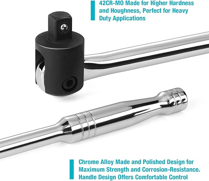 DURATECH Breaker Bar, 1/2'' Drive 24-Inch Breaker Bars Heavy Duty, with 240째 Flex Head, Spring-loaded Detent Ball, Premium Chrome Alloy Made