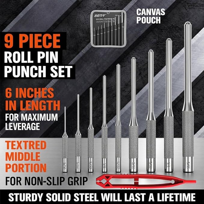 9-Piece Roll Pin Punch Set - Fast Pin Removal - Durable Steel & Construction - For Automotive, Firearm Maintenance, Watch, Jewelry & Craft Repair - Knurled Grip - Versatile Sizes
