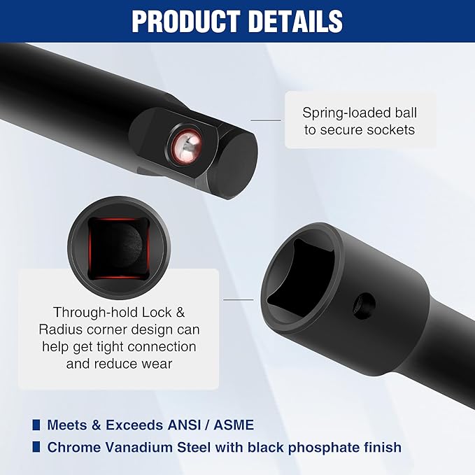 WORKPRO 3/8" Drive Impact Extension Bar Set, 3 PCS Socket Extensions, 3?? 5??and 10??Length, Premium Chrome Vanadium Steel with Black Phosphate Finish