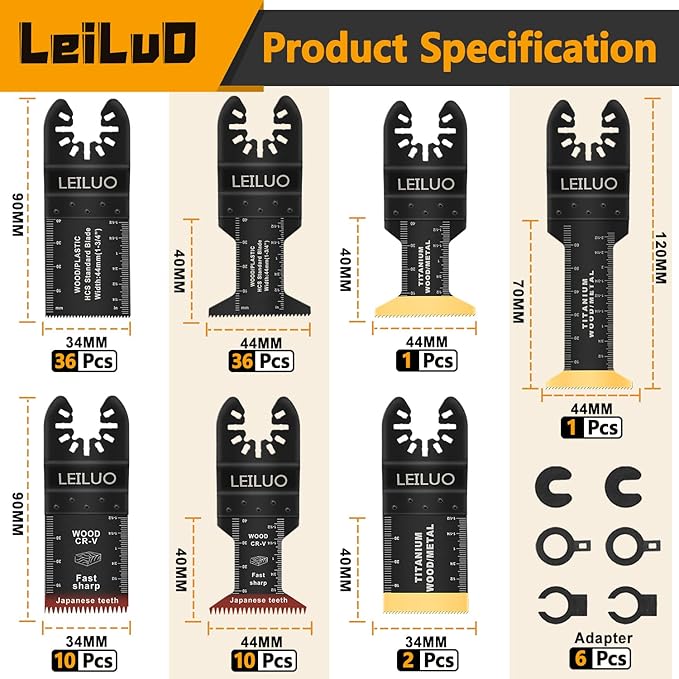LEILUO 96 Pcs Multitool Blade Kits for Wood Nails Drywall Japanese Tooth Oscillating Saw Blades Titanium Oscillating Tool Accessories with Storage Bag Compatible with DeWalt Makita Dremel and More