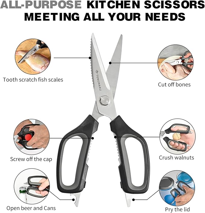 Kitchen Scissors, Super Heavy Duty Kitchen Cooking Scissors with 3.0mm thickness, All Purpose 9.5-inch Shears, Dishwasher Safe, Serrated Blades, Poultry Scissor, Bottle Opener function (1 Pack)