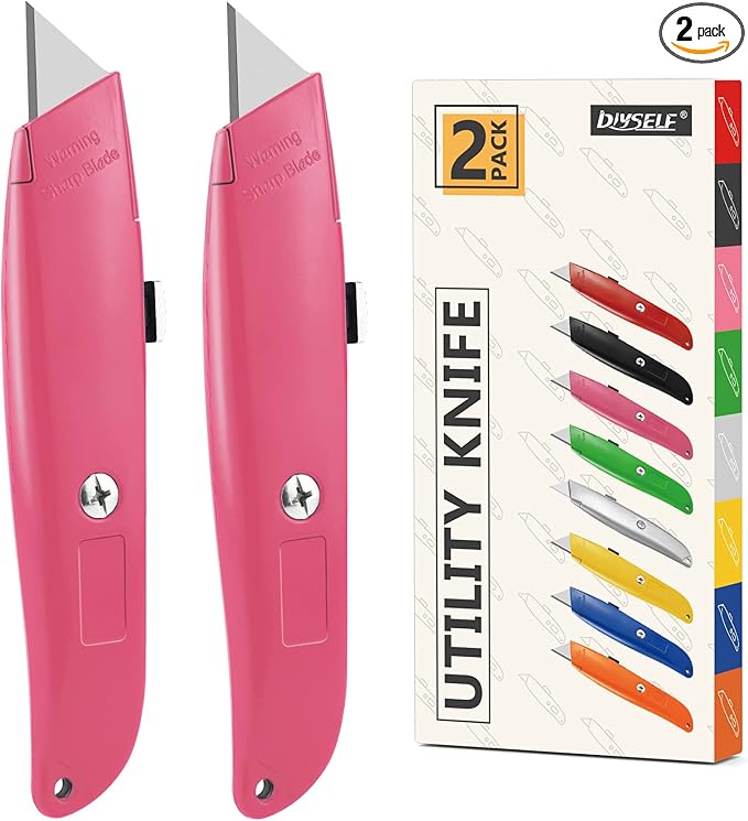 DIYSELF 2Pack Utility Knife Box Cutter Retractable Blade Heavy Duty, Box Cutters for Boxes and Cartons, Aluminum Shell Box Knife, Box Opener, PVC Pipe Cutter (Pink)