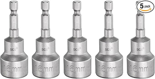 HARFINGTON 5pcs Nut Driver Drill Bit 16mm Metric Socket 1/4" Hex Shank 2.56" (65mm) Long Magnetic 6-Point Sockets Quick Change CR-V Steel Bolt Setters for Power Drill Drivers
