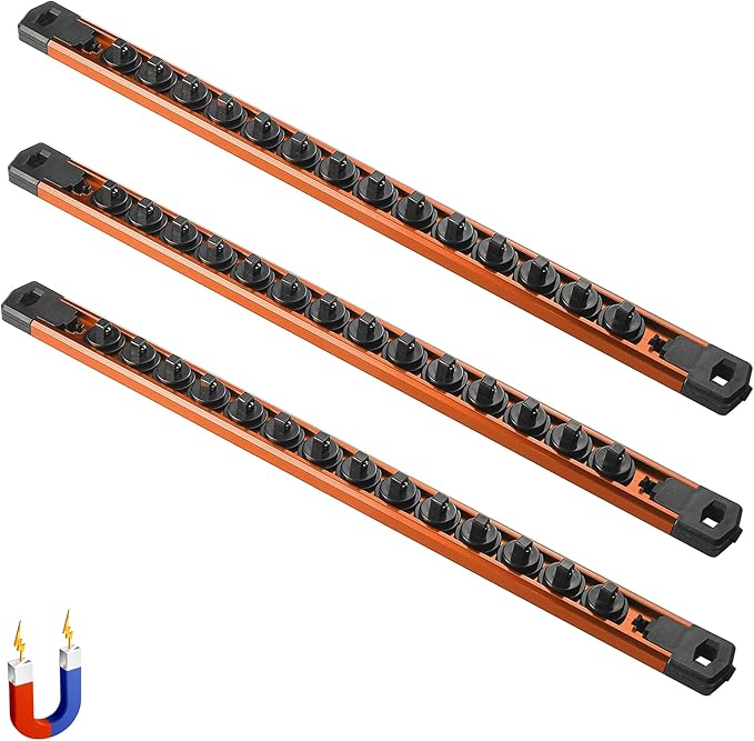 ALOANES 3-Piece Magnetic Socket Organizer, Heavy Duty Aluminum Socket Rails Organizer, 360째 Swivel Clips Socket Rail Set For Sockets Storage, 1/4-Inch Socket Holder x 42 Clips (Orange)