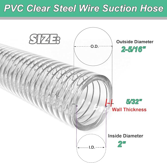 Suction Hose 2"ID x 25ft Reinforced Tubing PVC Clear Wire Vinyl Tubing,Heavy Duty Spiral Steel Flexible Hose,Dust Collection Boat Marine Pump, Drain