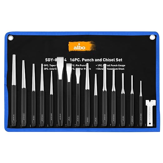 16-Piece Punch and Chisel Set, Chrome Vanadium Steel Center Punch Set for Metal, Tapered Pin Drivers, Heavy Duty Cold Chisels, Hex Anti-Roll Handles,Roll-Up Storage Pouch, Chisel Gauge Included