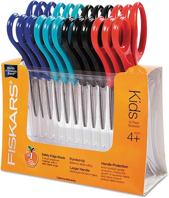 Fiskars 194300 Back to School Supplies Kids Scissors Pointed-tip Bulk, 5 Inch, 12 Pack, Assorted Colors