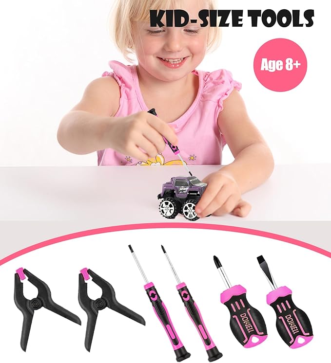 DOWELL 14 Pieces Kids Real Tools Pink Tool Set竊똖ool Kit with Storage Bag for Boys, Girls, Children DIY Building and Woodworking, Age 8+