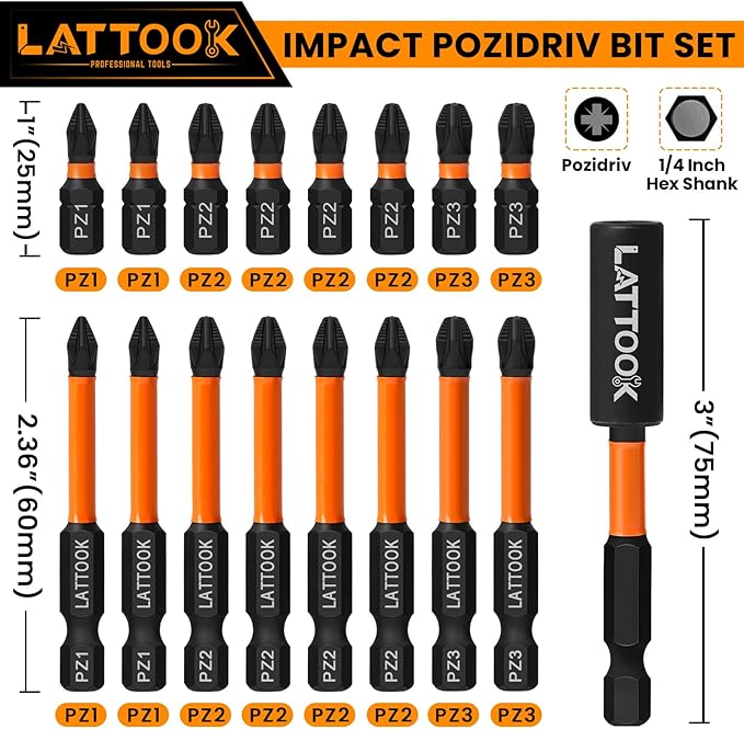 Impact Pozidriv Bit Set, LATTOOK 17PCS Anti Slip PZ2 Pozi Bit Set, Magnetic S2 Steel Pozidriv Screwdriver, PZ1, PZ2, PZ3