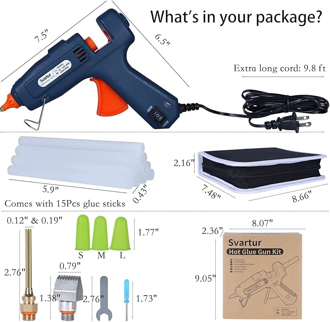 Full Size Hot Glue Gun with Case, 60W/100W/OFF Switch, 9.8ft Extra-long Power Cord Industrial Glue Gun with 2 Nozzles, 15 Glue Sticks, Dual Power High Temp Hot Melt Glue Gun Large for Craft, Deep Blue