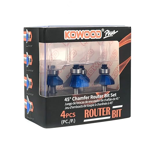 KOWOOD Plus 45 Degree Chamfer Router Bit Set, 1/4 Inch Shank, Cutting Diameter in 1/4?? 5/16?? 3/8?? 1/2??KOWOOD C3 Carbide. Ideal for Angled Edges, Clean Edge or Decorative Pieces