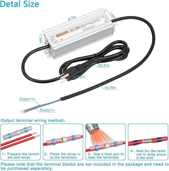 LED Driver 12V60W Waterproof IP67 Power Supply Transformer AC90-240V to DC 12V5A Switching Power Supply Stable Performance Suitable for Indoor Outdoor LED Strip Lights and 12V DC Devices