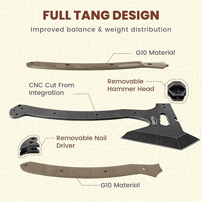 Tactical Axe with G10 Handle Camping Survival Hatchet, Multifunctional Hiking Outdoor Heavy Duty Full Tang Tomahawk Tools with Hammer, Unique Design Crowbar, Leather Sheath (Gray)