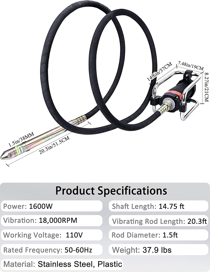 Concrete Vibrator, 1600W 2HP 18000RPM, 14-3/4ft Flexible Shaft, Electric Concrete Vibrating Tool, Hand Held Power Concrete Vibrators, Portable for Construction, Remove Air Bubbles Level Tool
