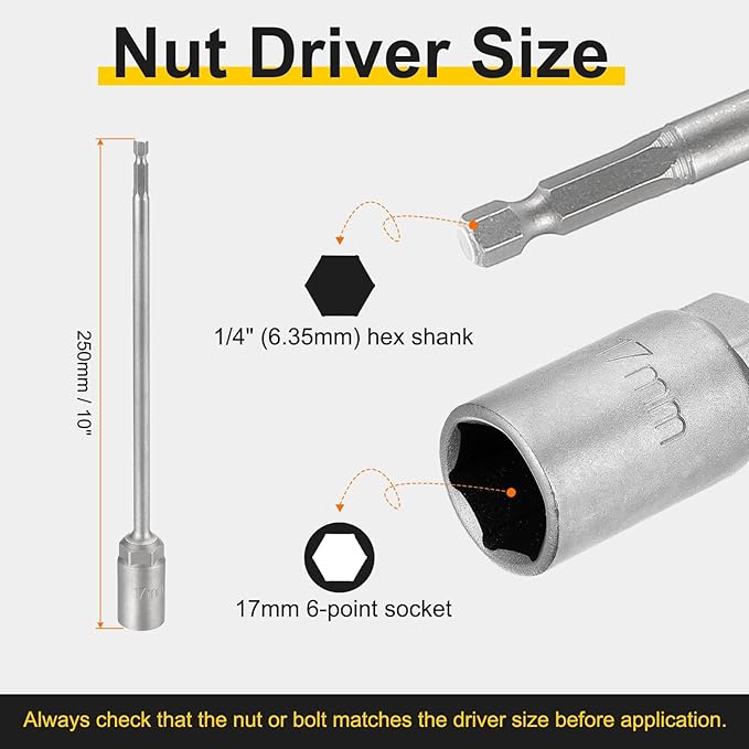 HARFINGTON 2pcs Nut Driver Drill Bit 17mm Metric Socket 1/4" Hex Shank 10" (250mm) Extra Long Magnetic 6-Point Sockets Quick Change 40Cr Steel Bolt Setters for Power Drill Drivers