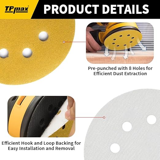 100PCS 5 Inch 320 Grit 125mm 8 Hole Sanding Discs Sandpaper - Premium Gold Round Hook and Loop for Random Orbital Sander - Ideal for Wood, Metal, Automotive