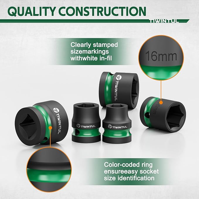 1/2" Drive Shallow Impact Socket Set, 8-24mm, Metric, CR-MO, 6-Point, 16 Pieces Stubby Socket Set for Automotive Maintenance, Repairs and DIY Projects